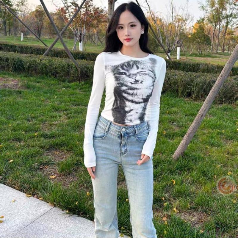 2KWEIRD Harajuku Mosaik Katt Tryck Kort Topp Casual Basisk Långärmad T-shirts Rund Hals Tight Passform T-shirts Y2K