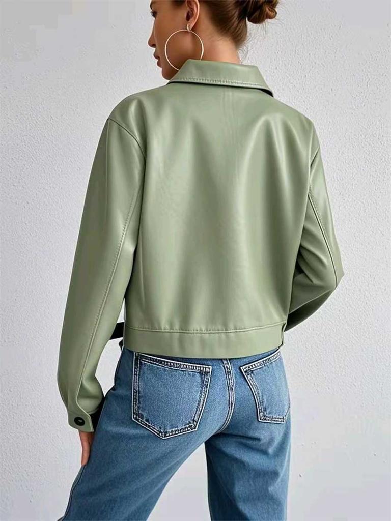 Autumn Winter Women's Lapel Faux Leather Jacket Loose Motorcycle Coat European American Style Casual Short Outerwear J589