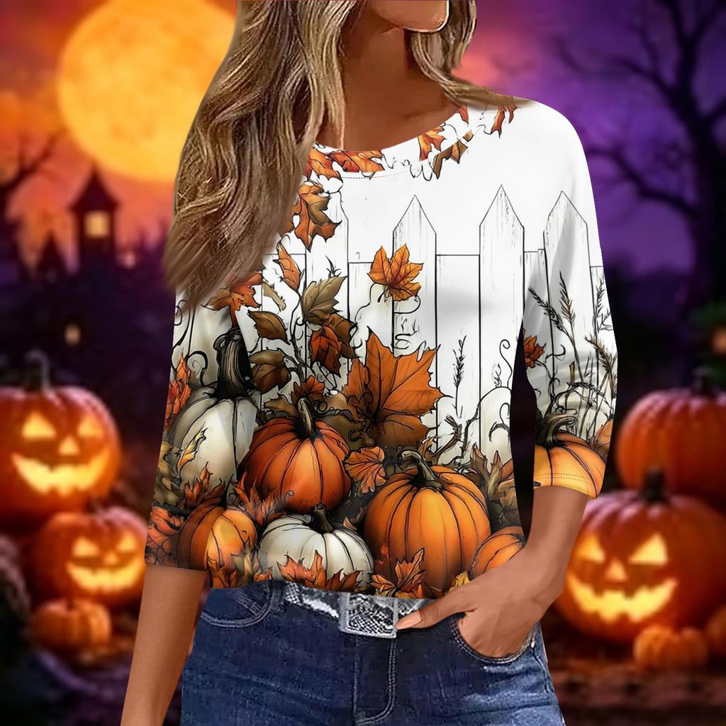 Women's Halloween Print Casual Loose Fit Round Neck Three Quarter Sleeve Shirt Lightweight Comfortable Top for Fall Season