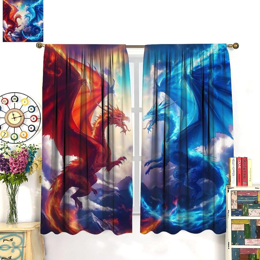 Ice Fire Dragon Curtains, Cool 3D Mystery Fantasy Sky Flame Red and Blue Flying Dragon Window Treatments, Thermally Insulated Ro