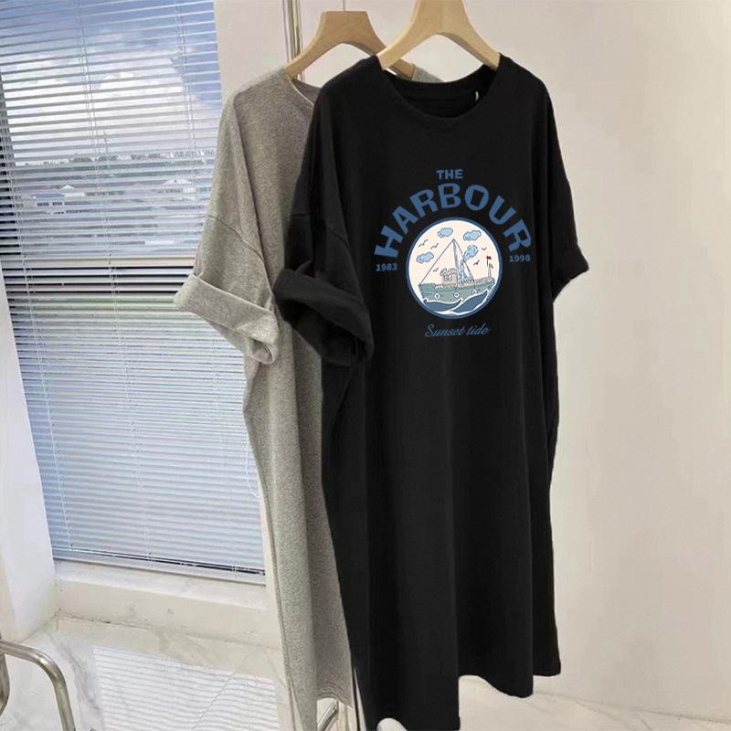 White Dress Loose Cotton Short-sleeved Long T-shirt Women's Skirt Fat Belly and Thin Large Size Split Skirt