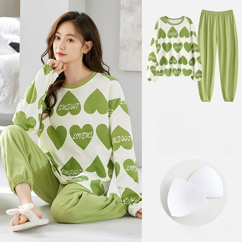 Pajamas with Chest Pads, Women's Autumn and Winter Long-sleeved Cotton, Cute and Casual, Can Be Worn Outside Home Service Suits