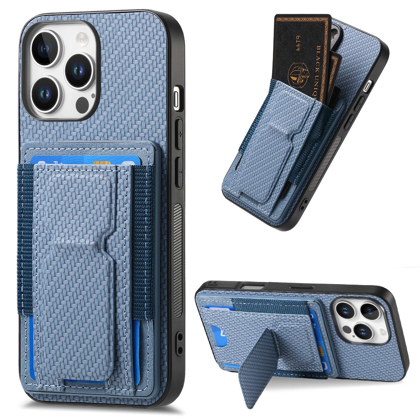 

For iPhone 16 Pro Max Case with Card Holder Kickstand Fiber Pattern Leather Back Cover Blue