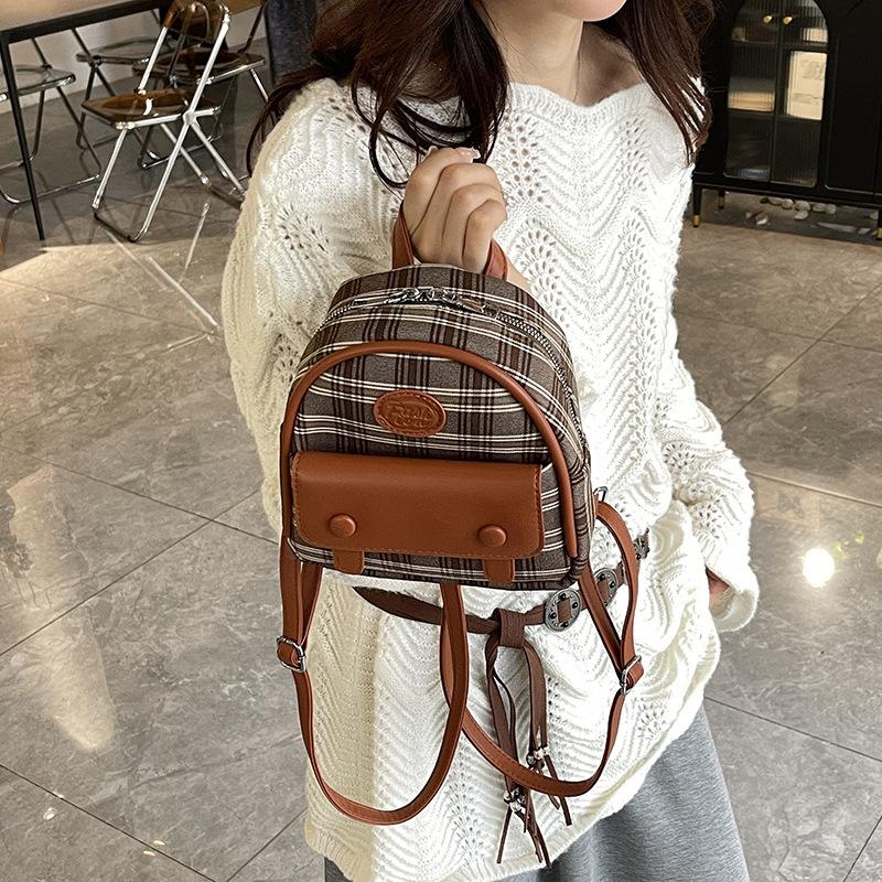 Korean Version of Fashion Portable Small Bag Women 2025 New Canvas Plaid Backpack Retro Premium Casual Backpack
