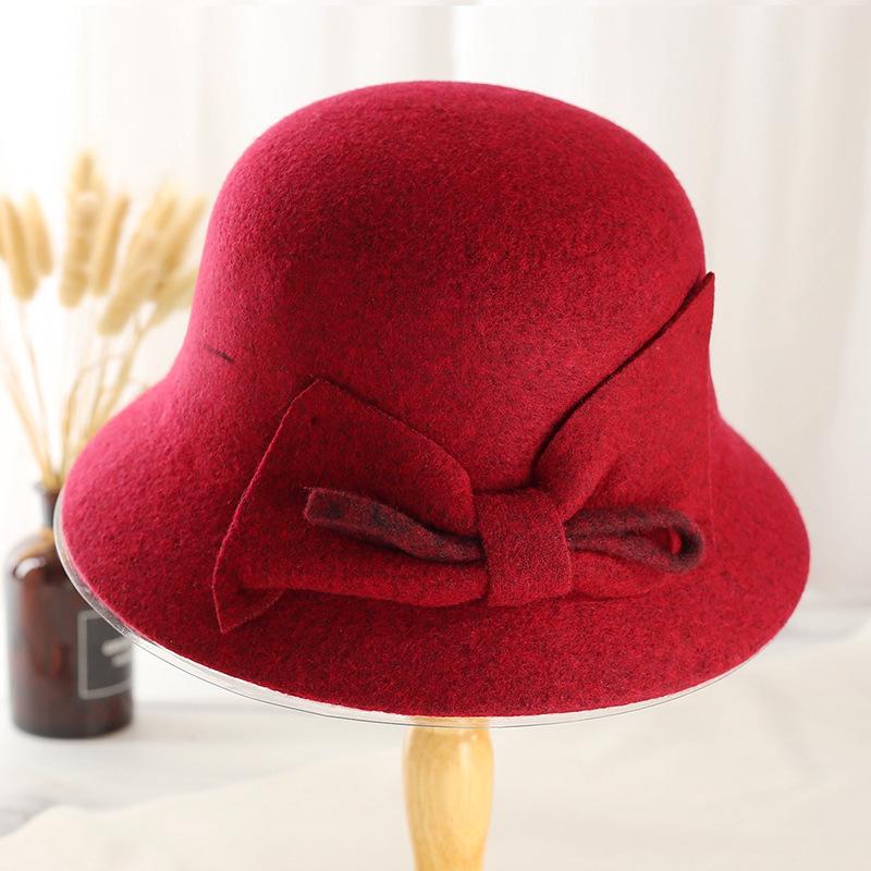 Nowy jesienno-zimowy kapelusz rybacki dla starszych kobiet, dekoracja z węzłem liściowym, damski brytyjski gruby ciepły wełniany kapelusz garnkowy