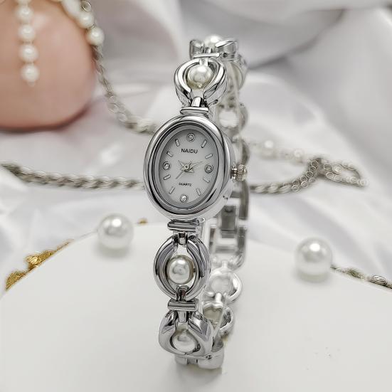 Ladies Bracelet Watch Faux Pearl Oval Dial Watch Women Vintage Quartz Wristwatch Elegant Dress Watch for Party Date