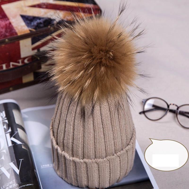 Real Winter New Raccoon Fur Hats Pom Pon Women Lady Knit Beanie Bobble Cap