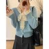 100Kg large size lace bow knitted cardigan jacket fat mm small fragrant style covering meat and showing thin sweater women