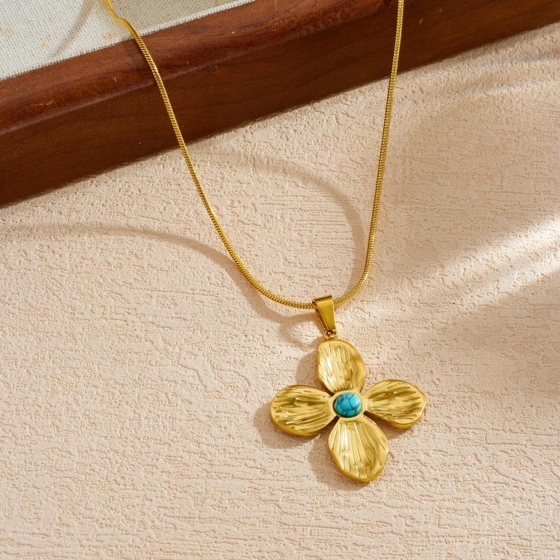Gold Plated Stainless Steel Flower Pendant Necklace with Turquoise Center for Women