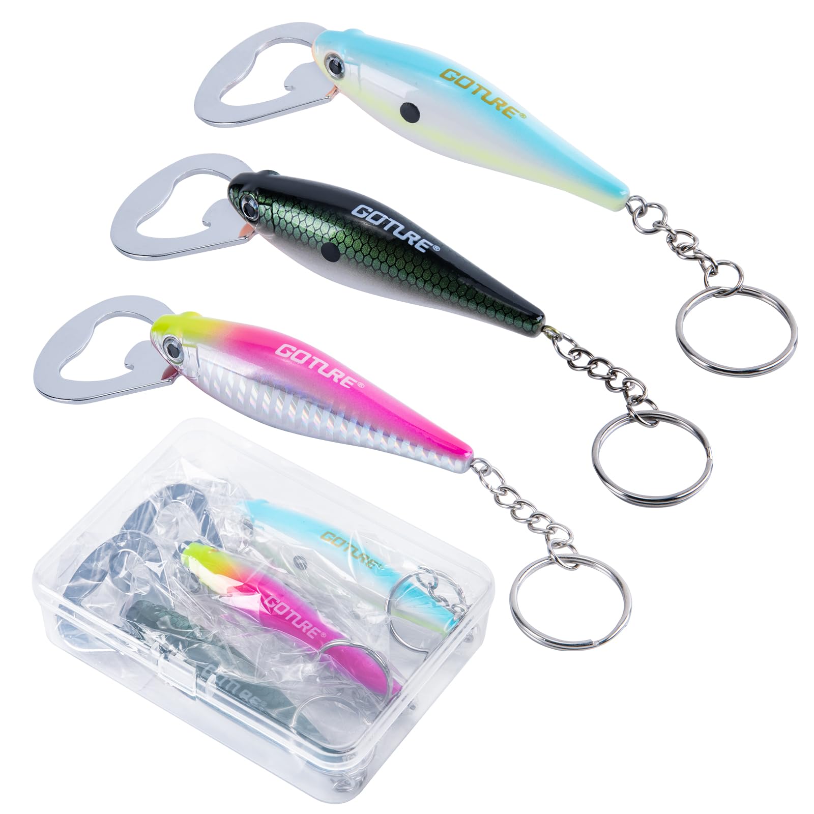 

Goture Portable Bottle Lure Stainless Easy to Comfortable Bag Bottle and Lid Opener Opener, 3-Piece Set, Design, Steel, Carry, Grip, Keychain,