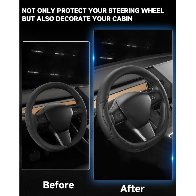 West Llama ized Nappa Leather Car Steering Wheel Cover for 2016-2025 Tesla Model 3/Model Y 2026 Juniper/Highland, Non-Slip Design of Tesla