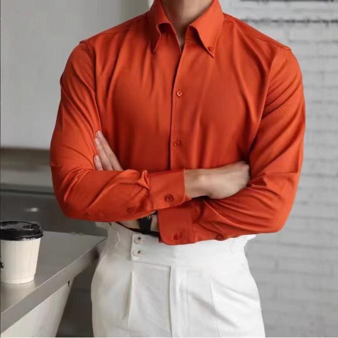 Men's Slim Fit White Long Sleeve French Shirt - Iron-Free, Large Collar, Business Formal