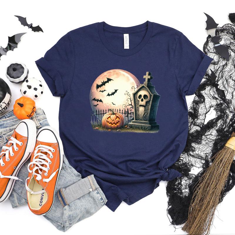 Pumpkin Skeleton Horror Halloween Tshirt Women Spooky Season Shirt Horror Pumpkin Graphic T Shirts Women Skeleton Halloween Top
