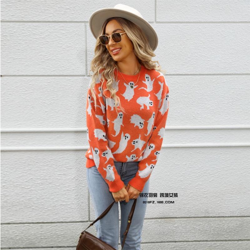 Women Pullover Halloween Sweaters Ghost Print Jumpers Long Sleeves O Neck Loose Slight Strech Casual Office Lady 2025 Autumn