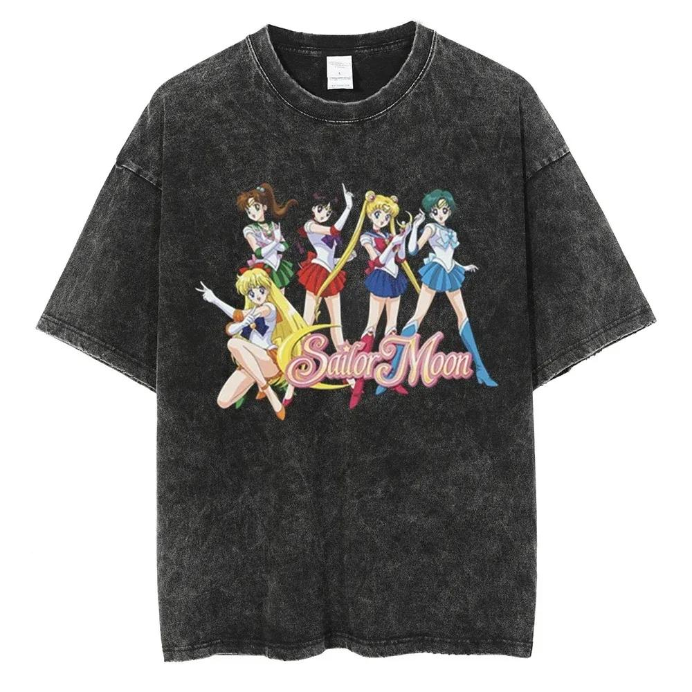 

Sailor Moon Vintage Washed Mens T Shirts Printed Summer Amercan Streetwear HipHop Womens Short Sleeved Tee Harajuku XL