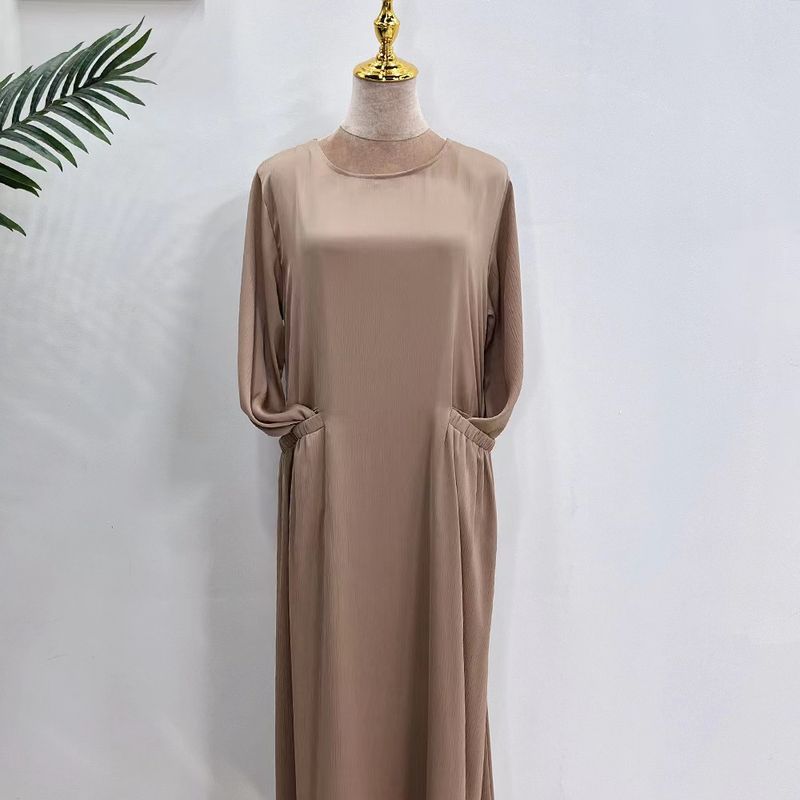 

New 2023 Solid Plus size Robe Loose round Neck Pocket Dress Solid round Neck Neck Dress Khaki 2XL