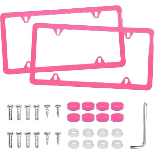 2 PCS Car License Plate Frames, 4 Holes Stainless Steel Auto Tag Holder with Screws Washers Caps, Rustproof Universal Front Rear License Plate Cover