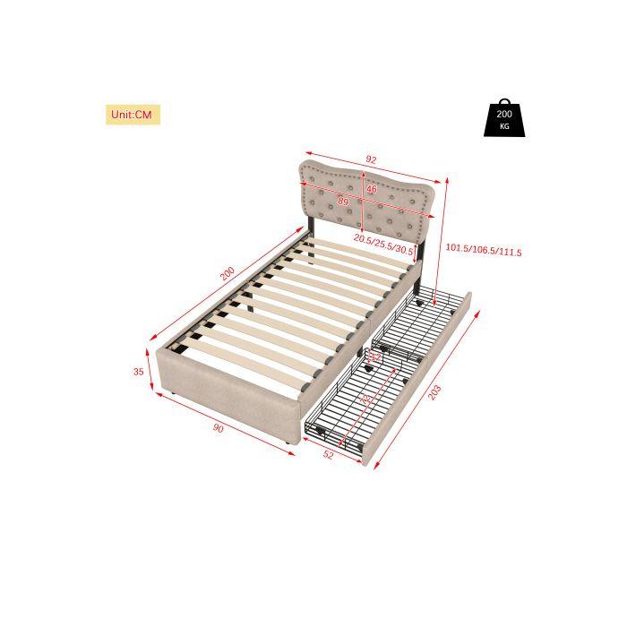 Lit 90x200 Cm - MUVOE - Rembourré - Beige Foncé - Tiroirs De Rangement - Design Élégant