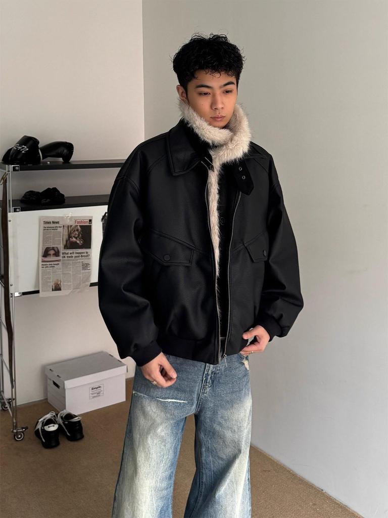 Unisex American Retro Patchwork PU Leather Jacket with Fur Collar - Winter Warm Golden Eagle Cotton Padded Outerwear