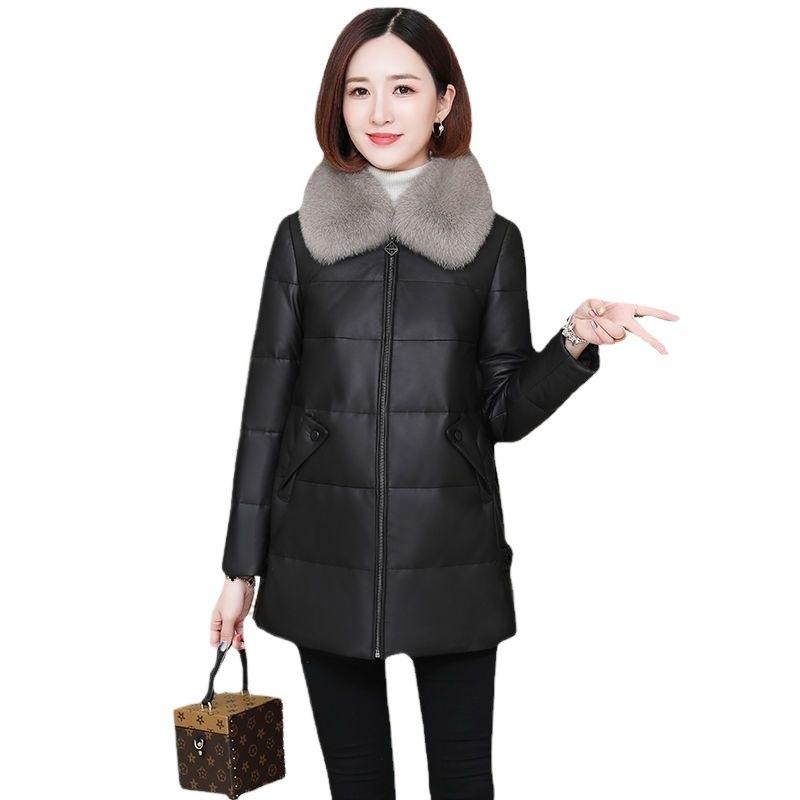 Haining leather jacket women's 2024 winter new imitation fox fur collar leather jacket down cotton-padded jacket women's medium and long fur jacket