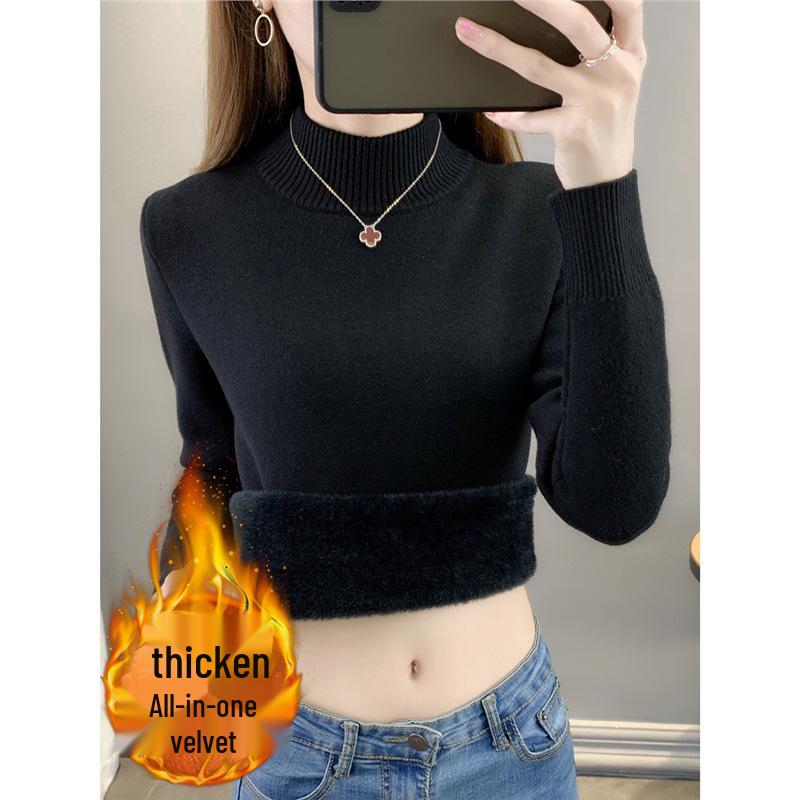 Women's Plus-Size Thickened Velvet Knit Sweater - Semi-High Neck Warm Pullover