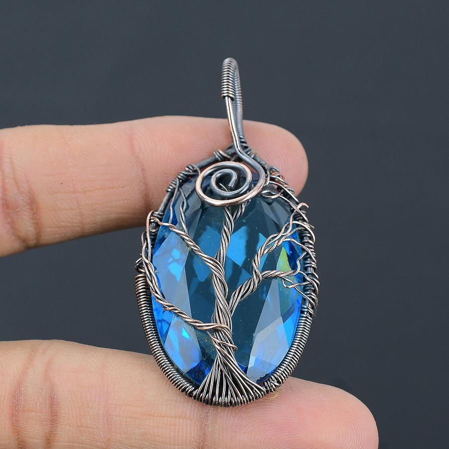 Tree Of Life Swiss Blue Topaz Copper Wire Wrap Jewelry Pendant 2.48" I3Z46