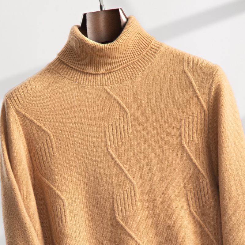 Suéter Masculino de Cashmere de Gola Alta com Fio Duplo - Grosso, Manga Longa, Tamanho Grande, Tricô de Cor Pura