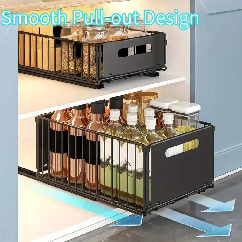 1pc/2pcs Pull-Out Cabinet Organizer Slide-Out Drawers Peel-and-Stick Heavy-Duty Kitchen Cupboard Storage Shelf Organizer