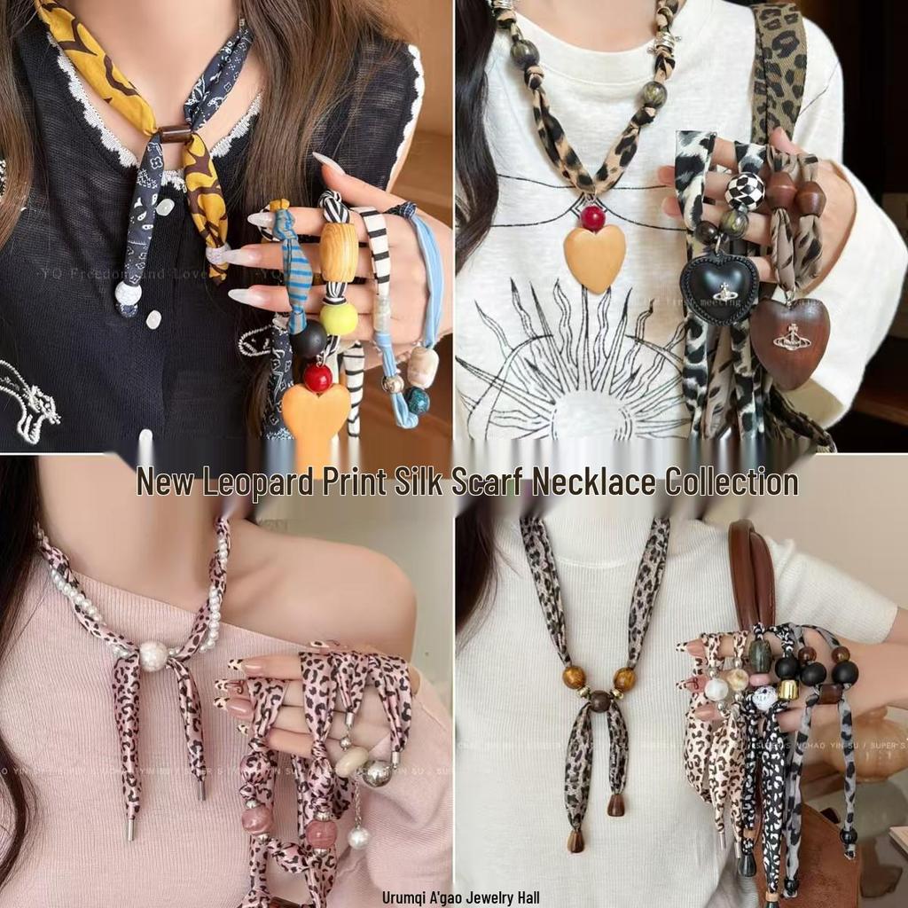 Meillard Damen Leopardenmuster Seidenschal Halskette mit Stoffblume und einzigartigem Kordelzug-Design