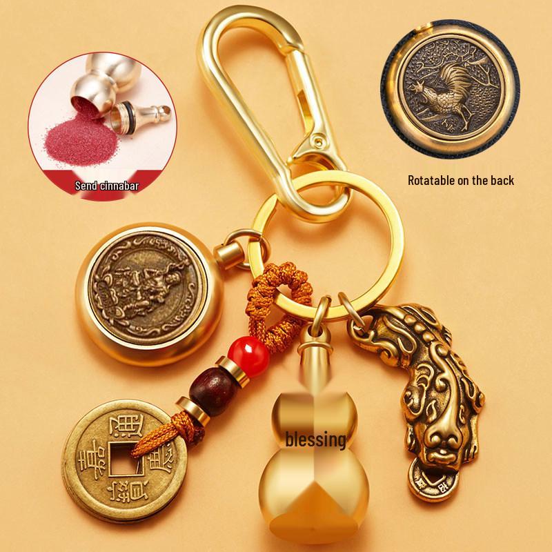 Pixiu Guardian Brass Pendant: Five Emperors Coins & Zodiac Buddha Keychain for Wealth & Protection