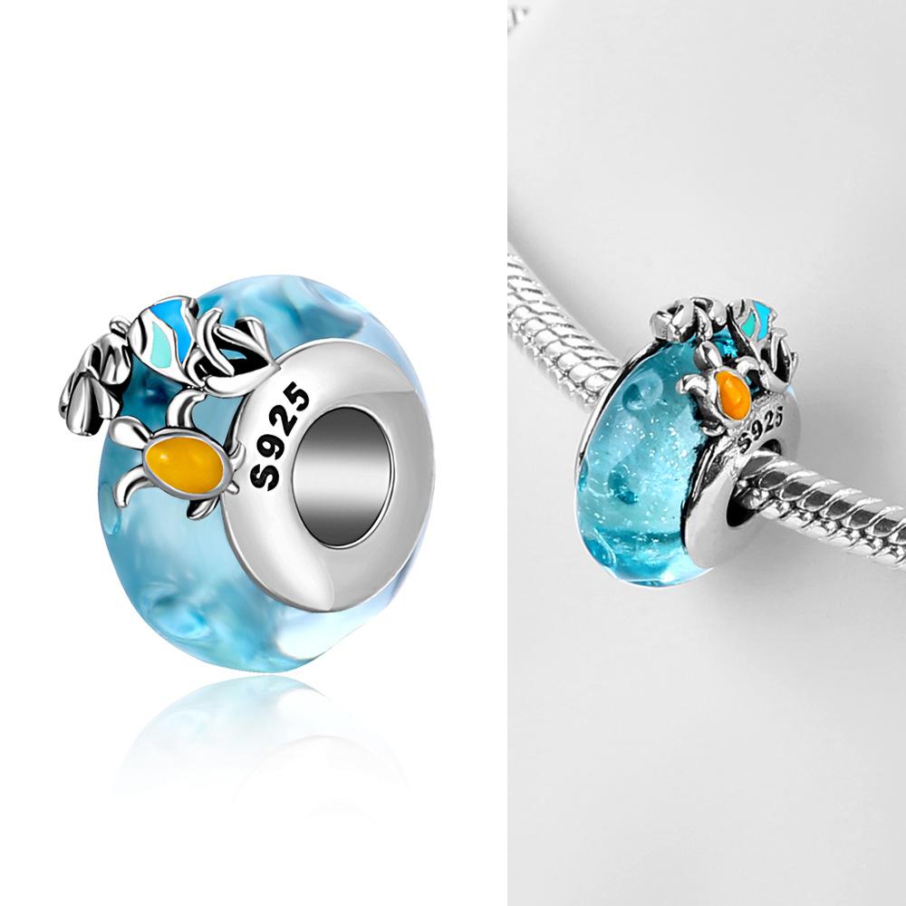 

S925 Silver Sea Turtle Murano Glass Bead Ocean Vacation Style Three-Piece Pendant Summer DIY Jewelry Accessories