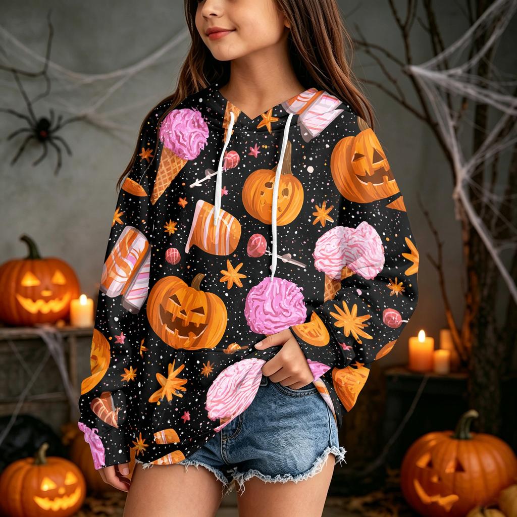 Kids' Halloween Print Hooded Sweatshirt - Casual Pullover for Boys and Girls