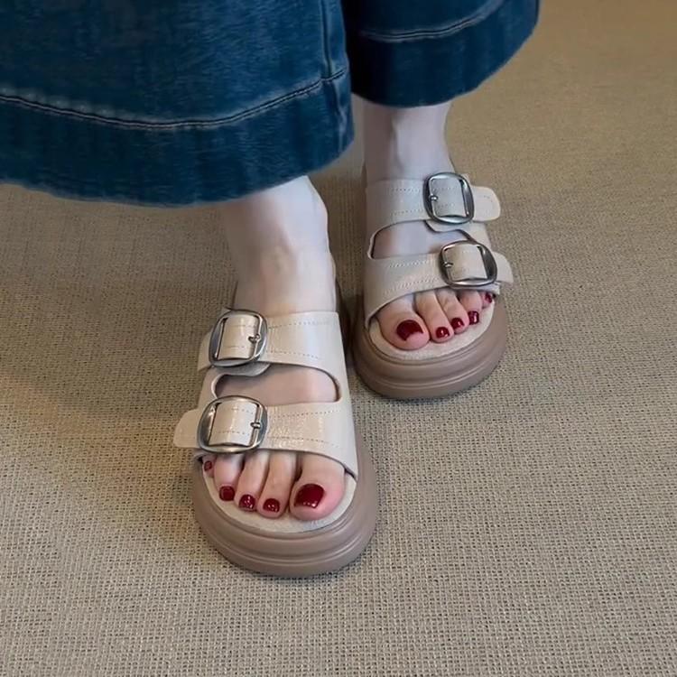 Casual version~ Soft skin open-toed slippers women's muffin thick-bottomed versatile French belt buckle cool slippers