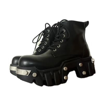 Fashion 2024 New Punk Women Platform Ankle Boots Female's Rock Round Toe Lace Up Fashion Retro Chunky Shoes Metal Decor Short Boots
