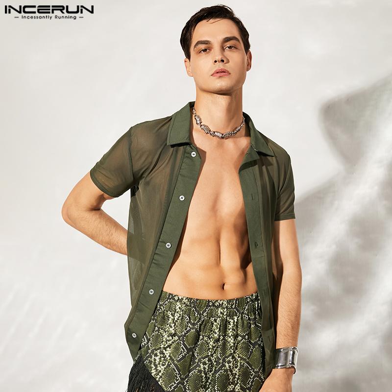 

INCERUN Летние мужские прозрачные рубашки повседневные топы