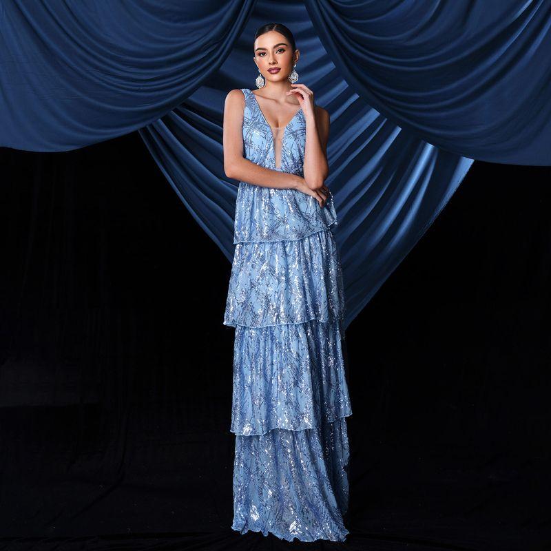 

Long Dress V Neck Sequin Prom Woman Party Dress Wedding Dress Light Blue S