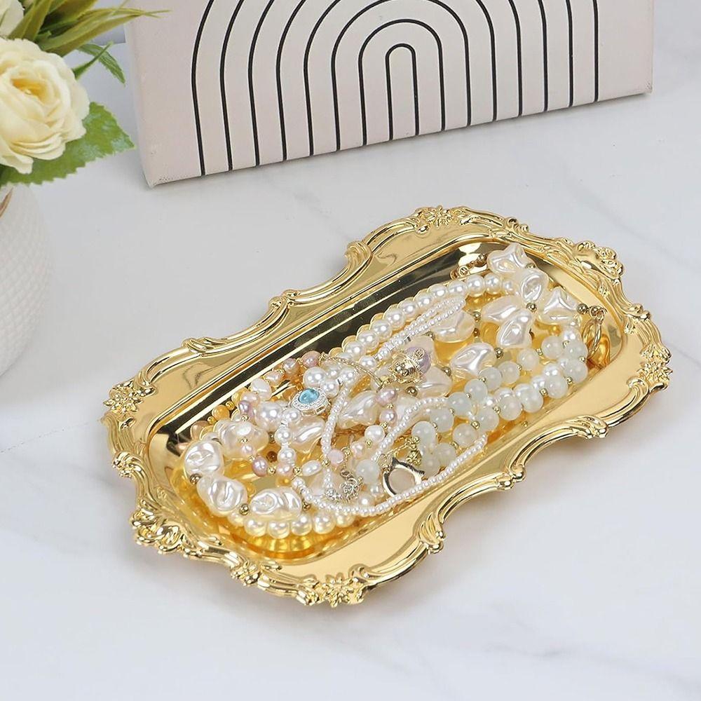 Embossed Design Retro Serving Platter Gold/Silver Jewelry Decoration Plate  Dining Table Decor