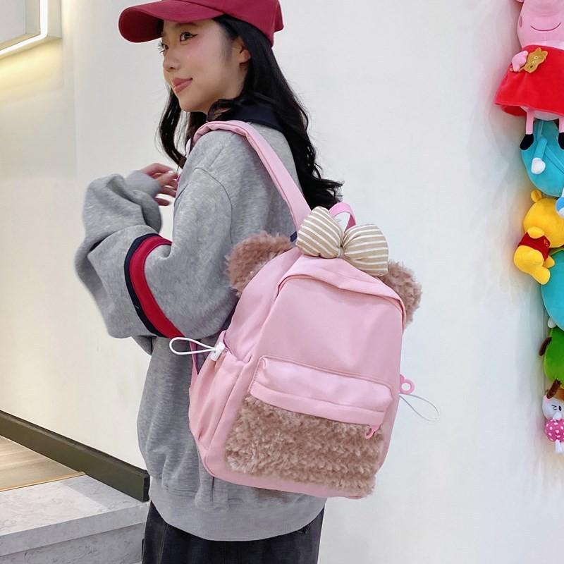 Plush Dog Bowknot Backpack With Zipper Design And Adjustable Shoulder Strap