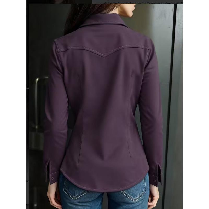 Women Turn Down Collar Long Sleeve Off Shoulder Straight Fit Office Shirt