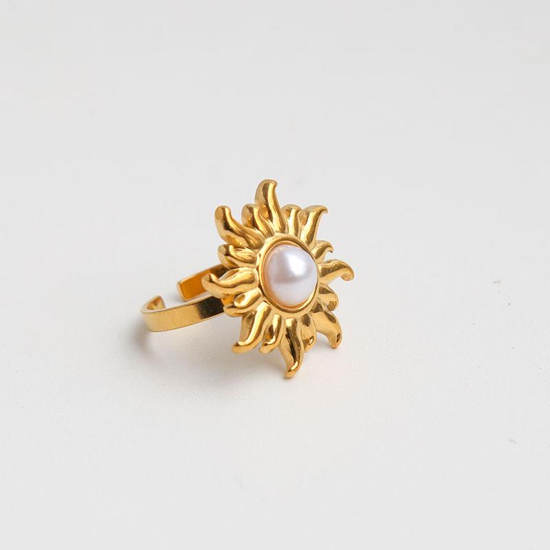 

Green Striped Stone Vintage Gold Color Stainless Steel Open Adjustable Rings for Women Men Accessories Finger Zircon Sun Flower