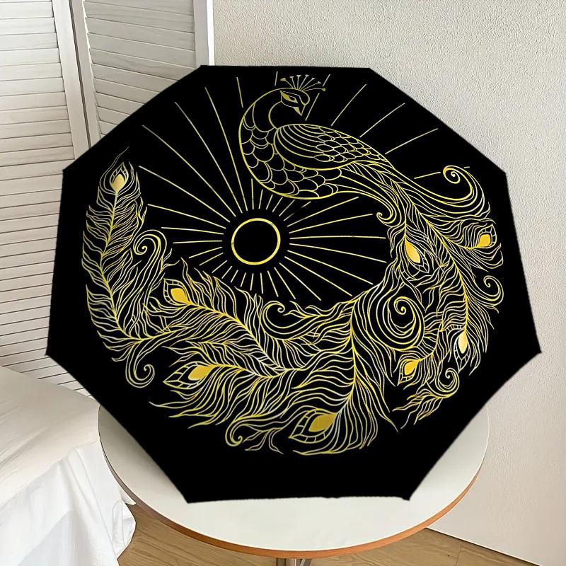 1pc Peacock Feather Automatic Folding Umbrella 8 Rib Iron Frame,  Suitable for Travel, Daily Use, Birthday, Women & Men Gift C1231048