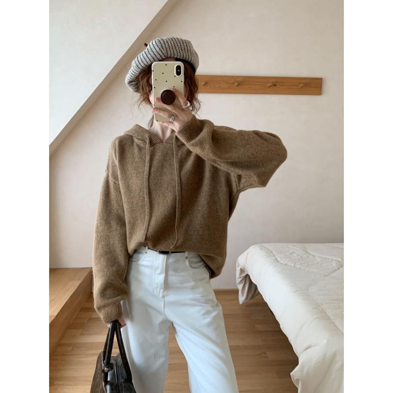 Solid Color Pullover Hoodie Sweater Women's Autumn and Winter New Retro Loose and Thin Lazy Style Knitted Sweater Jacket