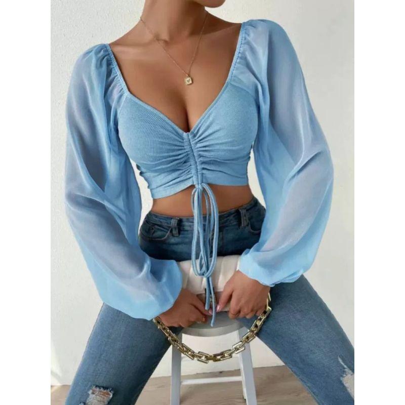 V-neck Drawstring Lantern Sleeve Top Low Cut V-neck Drawstring Bishop Sleeves Top