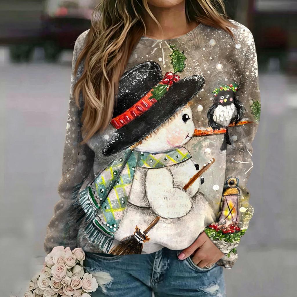 Women's Casual Neck Long Sleeve Raglan Christmas Print Pullover Sweatshirt