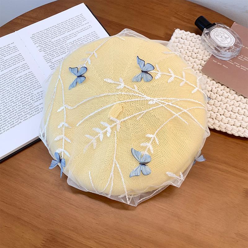 Summer Thin Three-Dimensional Mesh Sweet Cute Butterfly Beret For Women To Take Pos Knitted Fashionable All-Match Painter Hat