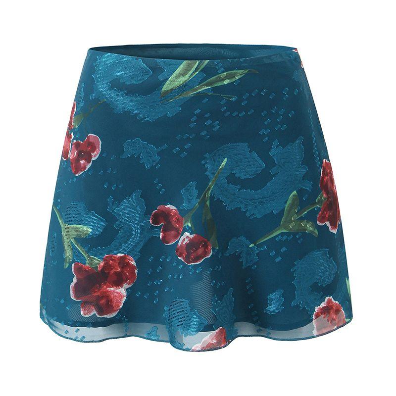 

Rose Poetry Collection New Chinese Style Elegant Mesh Floral Print Skirt French Style Retro Vacation Style Drape A- Line Skirt for Women Lake Blue Red Flower L