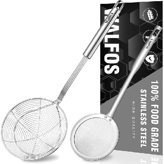 Walfos Spider Strainer, Set of 2-5.5 Inch Stainless Steel Fryer Scoop & 4 inch Fat Skimmer Spoon, Kitchen Spider Skimmer Strainer With Handle, For 2 pcs (5.5 Strainer , 4