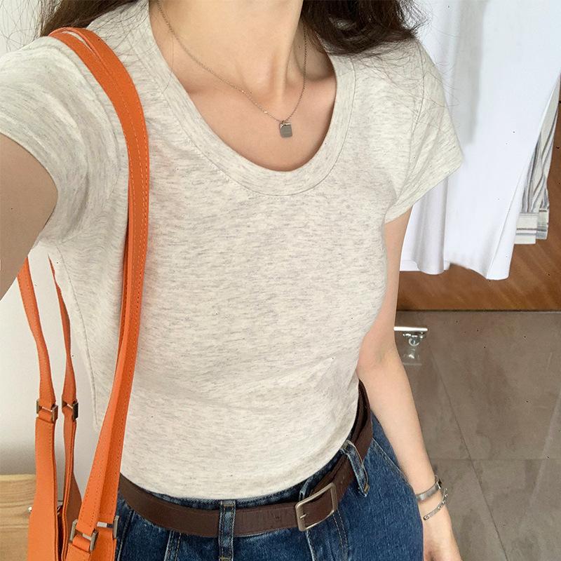 

Женская летняя приталенная футболка с коротким рукавом и резьбой, белая дизайнерская майка XL серый