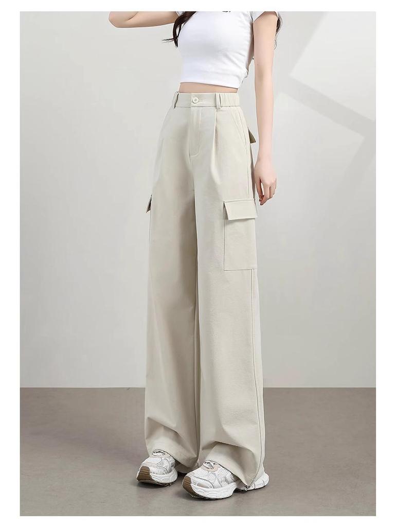 Damen 2025 Frühling High-Waist Weiße Weitbein Cargo Jogginghosen