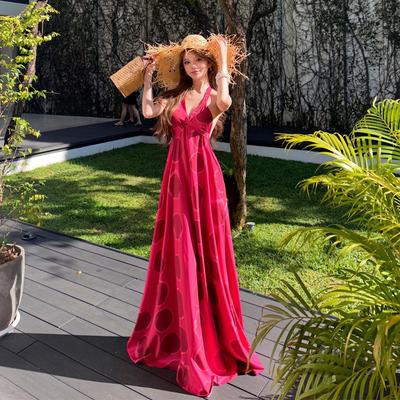Urlaub Schönes Schönes Retro-Print-Kragenhals-Trägerkleid Damen Sexy Rückenfreies und Dünnes Kleid